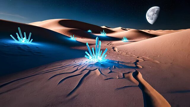 Futuristic Desert Landscape with Glowing Crystals at Night