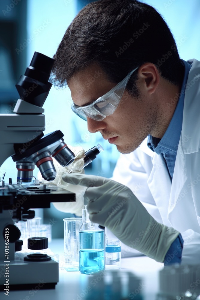 Poster A scientist in a lab coat looks at a microscopic image, possibly analyzing a sample.