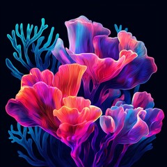 Vibrant, colorful coral-like flowers on a dark background, showcasing intricate textures and fluid shapes.