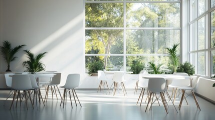 Fototapeta premium A modern break area in an office, featuring large windows that allow ample natural light to flood the space. The area is furnished with minimalist white tables and chairs