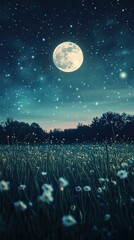 Vibrant Green Grass Field Under a Starry Night Sky with a Glowing Full Moon – Serene Nature Landscape, Nighttime Photography, Tranquil Countryside, and Celestial Beauty..