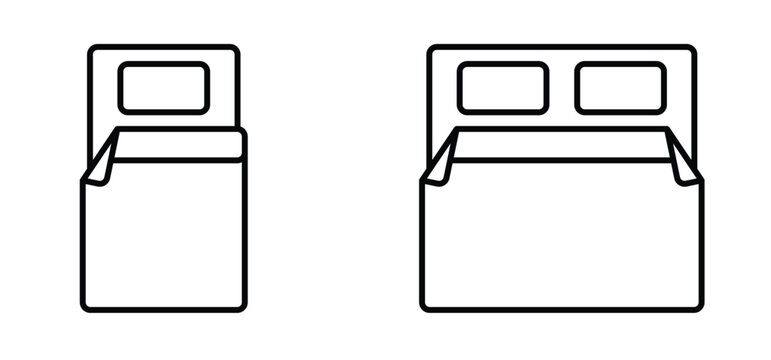 Cartoon single bed or double bed icon. Bedroom or hotel bed symbol. For sleep or  sleeping concept. Accommodation tools. Bed furniture symbol. Bedtime.