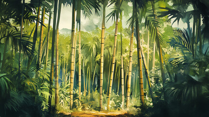 Tall tropical bamboo wall mural painted art, watercolor art style wallpaper background.