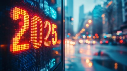 Fototapeta premium Vibrant digital display of 2025 with a softly blurred city skyline backdrop, showcasing a futuristic urban atmosphere