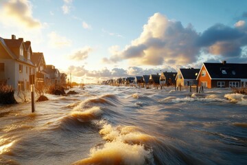 Flooded Coastal Area with Homes at Sunset