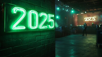 Electric green neon 2025 sign illuminating a vibrant concert stage atmosphere, creating an energetic and lively ambiance.