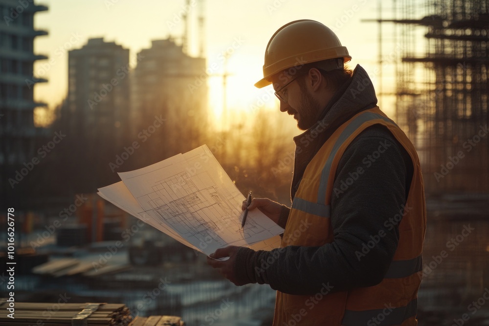 Poster A construction worker holds a blueprint and plans the next step of a building project.
