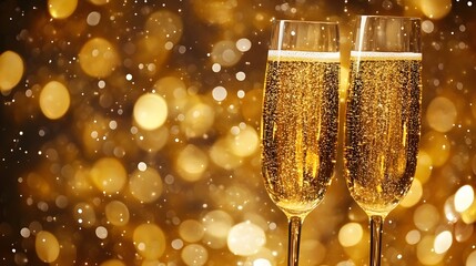 Elegant Champagne Themed Happy New Year Backdrop with Sparkling Champagne Glasses Shimmering Golden Bubbles and a Luxurious Celebratory Atmosphere
