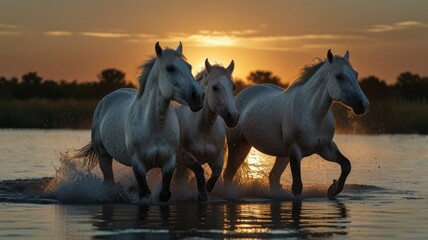 Three white horses run through a lake at sunset, creating splashes of water.