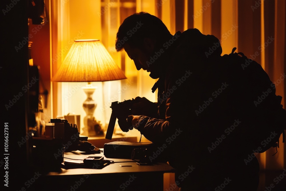 Poster a person sitting in a dimly lit room with a lamp, suitable for use in scenes where lighting is impor