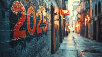 Naklejka premium Vibrant graffiti art of 2025 on a textured wall, with a softly blurred urban alleyway creating an edgy backdrop.