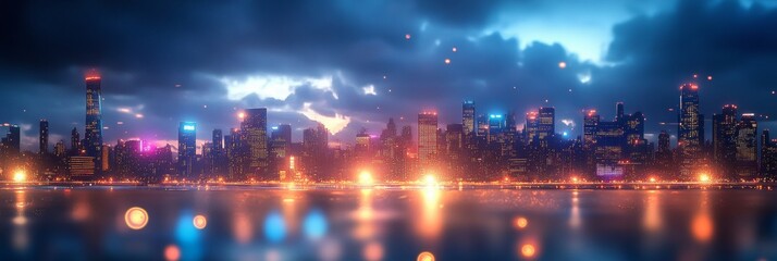 Fototapeta premium Vibrant neon city skyline, dynamic lights illuminating urban landscape, energetic atmosphere, modern architecture, night scene