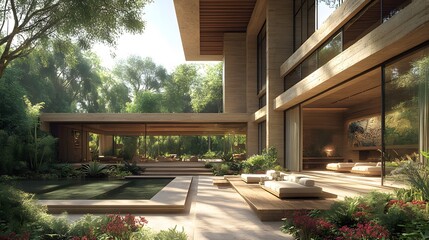 Mid-century modern living room with vintage furniture, geometric designs, and wooden accents