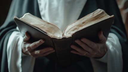 A person holds a book and reads it.