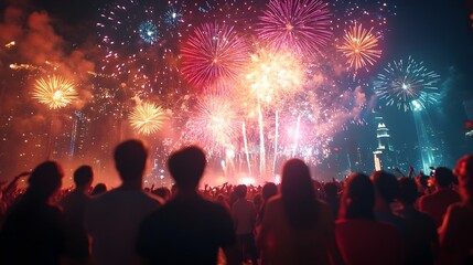 Dazzling New Year s Eve fireworks display over a lively city with a large enthusiastic crowd cheering and welcoming the new year