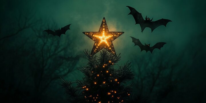 Holographic bats swirling around a luminous Christmas star perched on a hauntingly whimsical tree, evoking festive spookiness