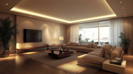 A chic living room design with minimalist decor, soft lighting, and comfortable furniture creating a relaxing and modern space