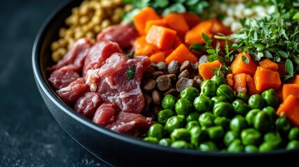 Close-up of a healthy, balanced dog food meal with fresh vegetables, meat, and grains, arranged neatly on a black dish.