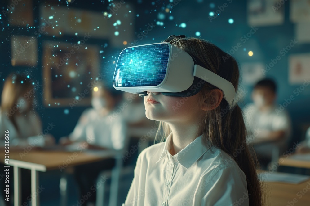 Poster a girl studying with a virtual reality headset in a classroom setting.