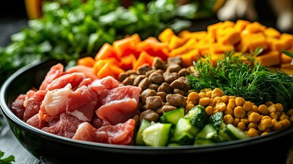 Close-up of a healthy, balanced dog food meal with fresh vegetables, meat, and grains, arranged neatly on a black dish.