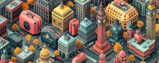 Vibrant Urban Real Estate Concept with Modern Buildings and Iconic Landmarks in a Colorful Cityscape