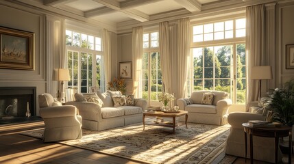 Fototapeta premium A serene living room interior with elegant furniture, warm natural light, and stylish decor elements creating a welcoming space