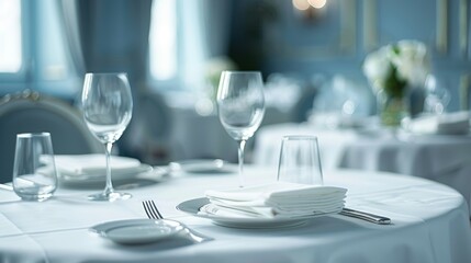 Fototapeta premium Elegant Fine Dining Restaurant Table Setting with Crystal Glasses and White Napkins in Luxurious Ambiance