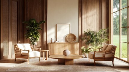 Fototapeta premium A serene living room interior with elegant furniture, warm natural light, and stylish decor elements creating a welcoming space