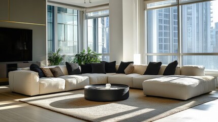 A stylish living room with a modern sectional sofa, coffee table, and natural light pouring in through large windows, perfect for home interiors