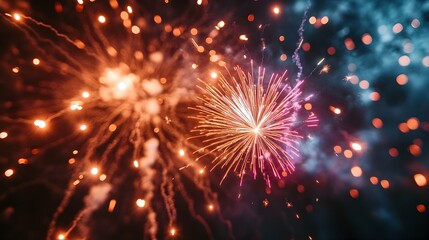 Naklejka premium Stunning pyrotechnic display of vibrant colorful fireworks bursting forth in a brilliant illuminating spectacle to welcome the new year with festive cheer and joy