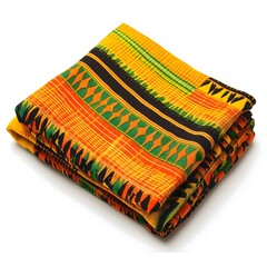 Colorful traditional fabric with intricate patterns and black, green, orange, and yellow colors.