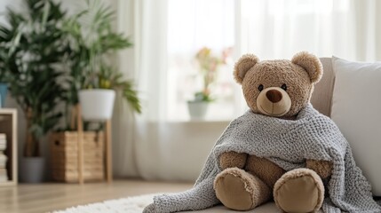 A charming teddy bear sitting with a soft cloth draped over its lap, positioned in a cozy, inviting room