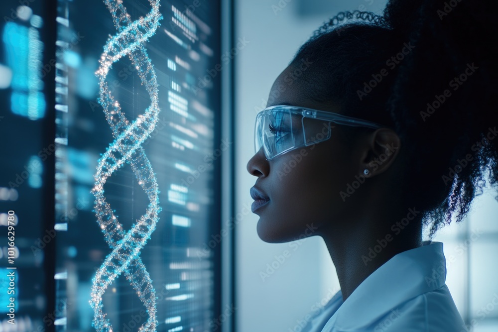 Poster Scientist examining computer screen with concentration, useful for illustrations about technology, science and research.