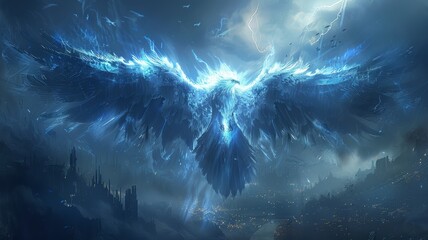 Majestic Blue Phoenix Soaring Over a Mystical Cityscape with Lightning in the Sky