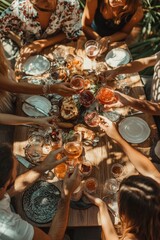People seated at wooden table, gathering and socializing.