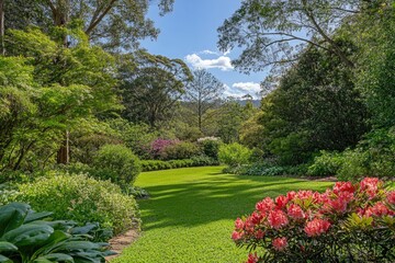 Obraz premium A serene landscape featuring a lush green park with many trees and colorful flowers.