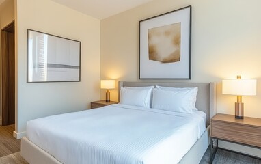 A modern bedroom featuring a bed, bedside tables with lamps, and abstract wall art, creating a serene atmosphere.