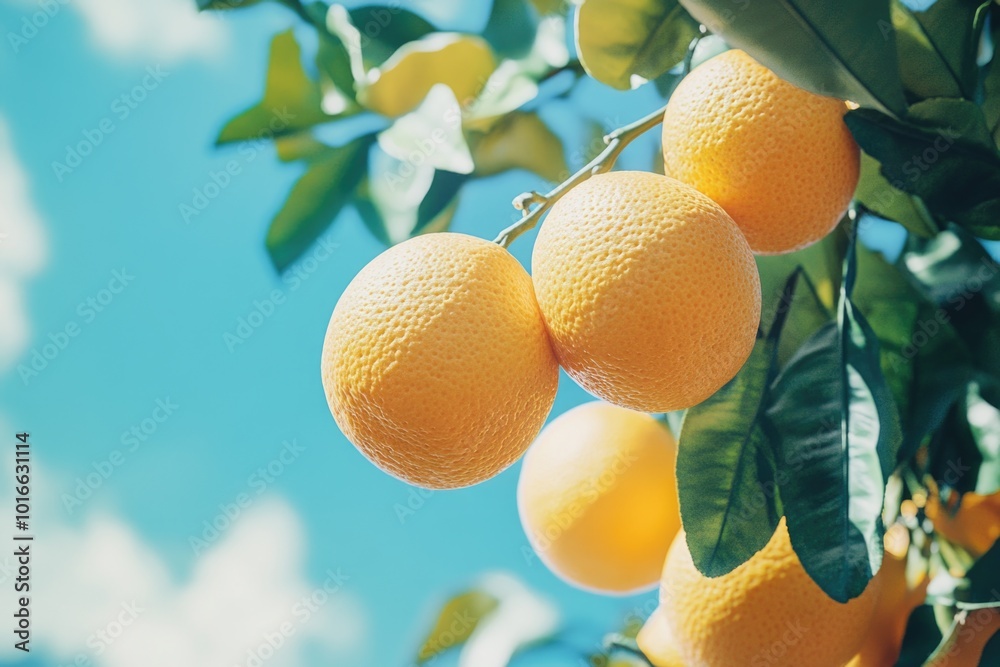 Poster A bunch of oranges hang from a tree branch in a natural setting.