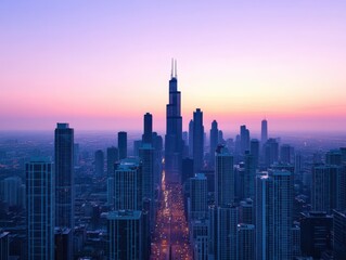 Fototapeta premium Stunning city skyline at dusk, showcasing tall buildings and vibrant colors of sunset, creating a mesmerizing urban landscape.
