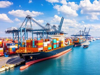 Fototapeta premium A vibrant scene of cargo ships at a port, showcasing colorful shipping containers against a bright blue sky.