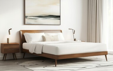 A modern bedroom featuring a wooden bed, bedside table, and artwork, creating a serene and stylish atmosphere.