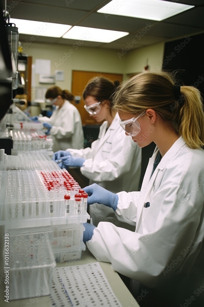 Aufkleber A group of scientists conducting experiments and analyzing data in a modern laboratory setting, great for use in educational or business contexts.