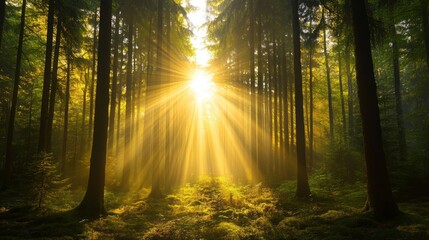 Naklejka premium Sunbeams Through Trees in Misty Forest