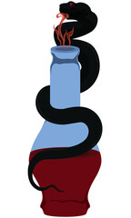 Flask with red magic potion entwined with black snake illustration