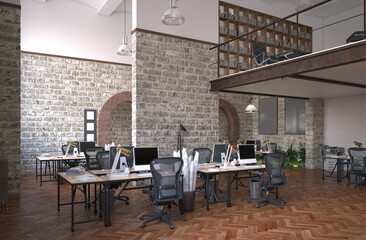 Industrial office with brick walls and modern decor