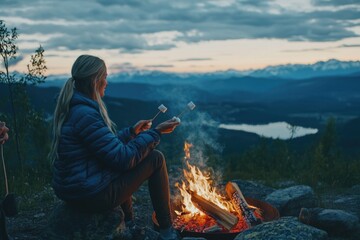 A person sitting near a campfire, roasting marshmallows.