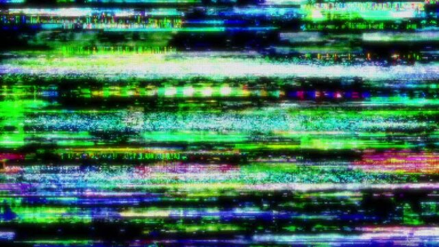 This stock motion graphic shows the text No Signal, with a glitch and pixelation effects in a seamless loop.