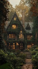 Obraz premium A charming, ivy-covered house set in a tranquil forest, illuminated by warm lights, inviting serenity and enchantment.
