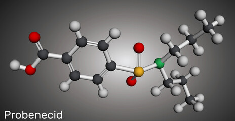 Probenecid molecule. A uricosuric agent used in the treatment of gout and hyperuricemia. Molecular model. 3D rendering
