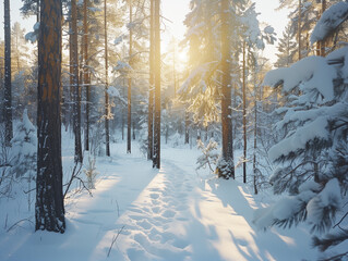 Obraz premium A snow-covered forest with tall pine trees, sunlight peeking through the branches, fresh footprints in the snow leading into the woods, no people visible, peaceful and quiet winter scene